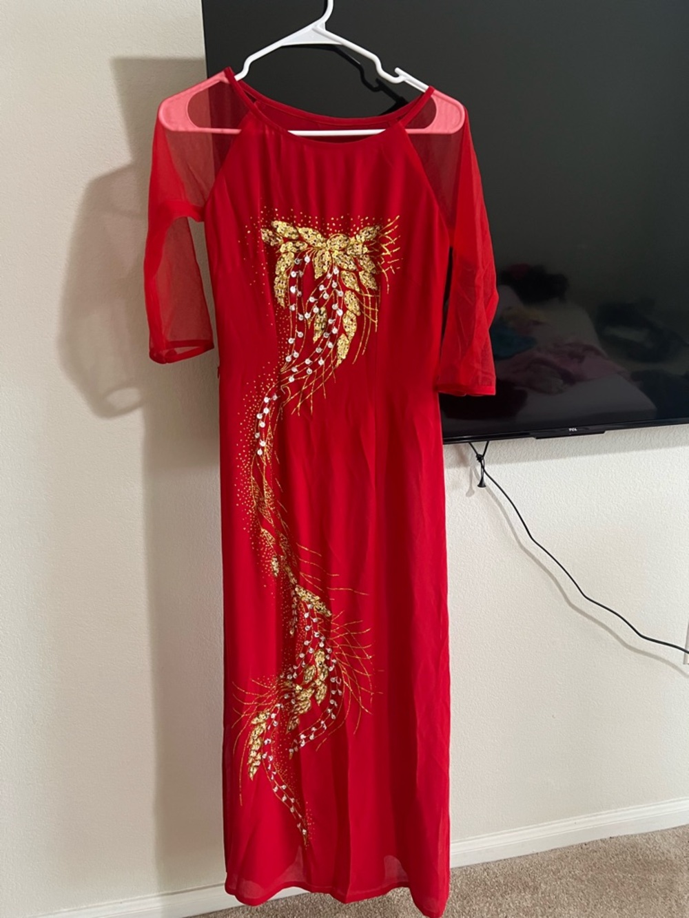 Red Embellished Vietnamese Long Dress Ao Dai